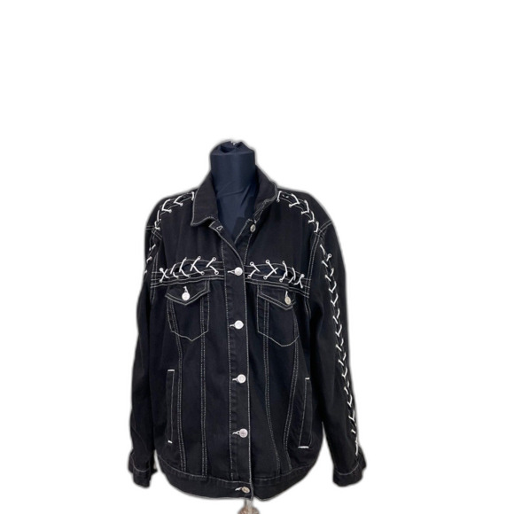 Topshop Jackets & Blazers - Topshop Moto Denim Jacket Lace Up Details Pockets wms. Size 12 Black Lace detail